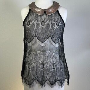 Women's Sheer Lace Sequin Peter Pan Collar Whimsigoth Dark Ethereal Witchy Black